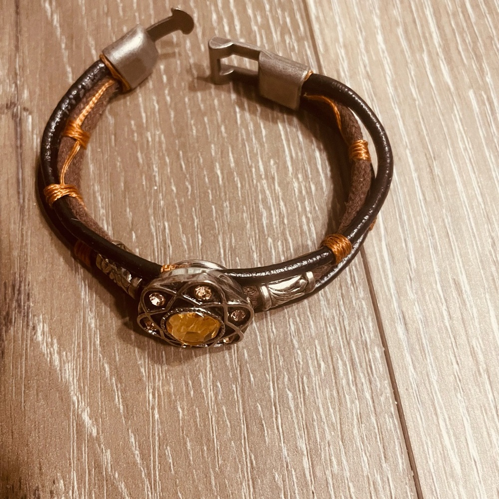 Brown Leather Bracelet with Silver and Gold Accents
